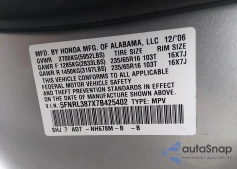 2007 Honda Odyssey Ex-L z USA, uszkodzony, nr VIN 5FNRL387X7B425402